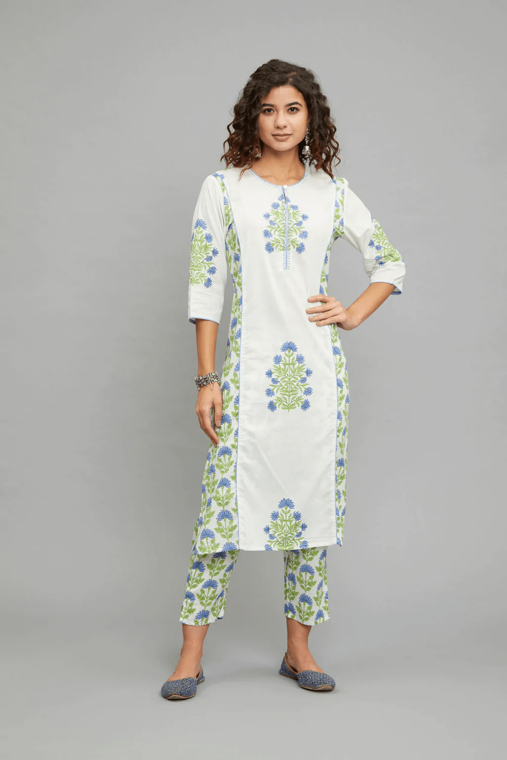 Buy HERE & NOW ) Women Blue & Off-White Printed A-Line Kurta at Amazon.in
